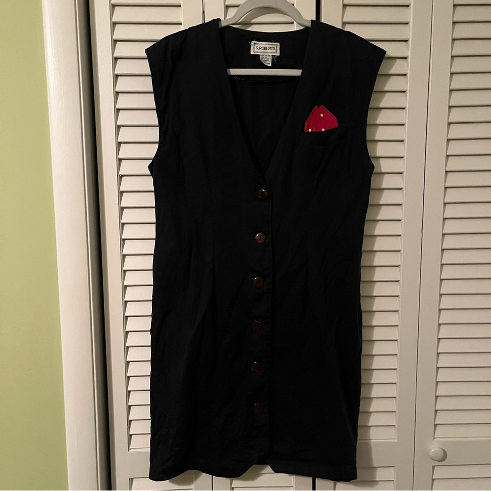 Vintage S. Roberts Navy Vest Dress with Red Pocket Square Size Medium